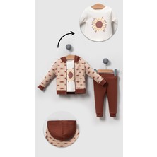 Bubito Kahverengi Güneş Desenli Pamuklu 3'lü Alt Üst Takım Erkek Çocuk İçin Özel Tasarım