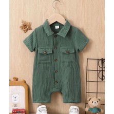 Bubito Unisex Bebek&çocuk  Pamuklu Tahta Düğmeli Cepli Müslin Tulum-Yeşil
