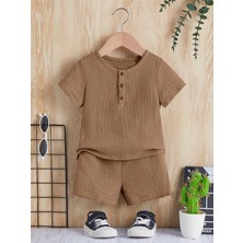 Bubito Unisex Bebek&çocuk %100 Pamuklu Düğmeli Müslin Alt Üst Şort Takım-Kahverengi
