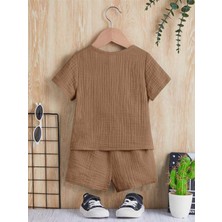 Bubito Unisex Bebek&çocuk %100 Pamuklu Düğmeli Müslin Alt Üst Şort Takım-Kahverengi