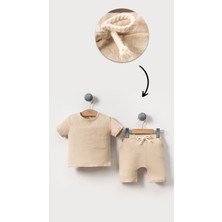 Bubito Unisex Bebek&çocuk %100 Pamuklu Müslin Cepli Alt Üst Şort Takım-Bej