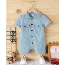 Bubito Unisex Bebek&çocuk  Pamuklu Tahta Düğmeli Cepli Müslin Tulum-Turkuaz