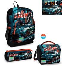 Coral High Kids Siyah Nefti Yarış Arabası Desenli 3'lü Çanta Setii 23765