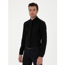 Cacharel Erkek Siyah Slim Fit %100 Pamuk Yarım İtalyan Yaka Basic Gömlek 50294755-VR046