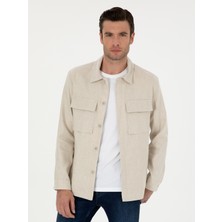 Cacharel Erkek Bej Slim Fit Keten Karışımlı Ceket Gömlek 50288993-VR011