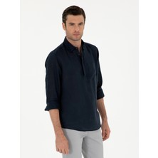 Cacharel Erkek Lacivert Slim Fit Yarım Düğmeli %100 Keten Gömlek 50288732-VR033