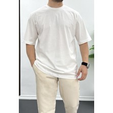 Edwox Erkek Oversize Pamuklu Basic T-Shirt Ekru EDW089