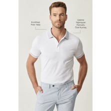 AC&Co / Altınyıldız Classics Erkek Çekmeyen Pamuklu Kumaş Slim Fit Dar Kesim Beyaz Kıvrılmaz Polo Yaka T-shirt