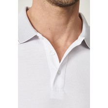 AC&Co / Altınyıldız Classics Erkek Çekmeyen Pamuklu Kumaş Slim Fit Dar Kesim Beyaz Kıvrılmaz Polo Yaka T-shirt