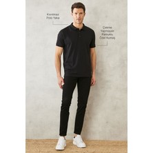 AC&Co / Altınyıldız Classics Erkek Çekmeyen Pamuklu Kumaş Slim Fit Dar Kesim Simsiyah Kıvrılmaz Polo Yaka T-shirt