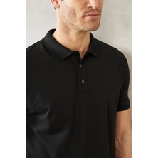 AC&Co / Altınyıldız Classics Erkek Çekmeyen Pamuklu Kumaş Slim Fit Dar Kesim Simsiyah Kıvrılmaz Polo Yaka T-shirt