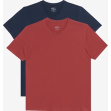 Altınyıldız Classics Erkek Bordo-lacivert 2'li V Yaka %100 Pamuk Slim Fit Dar Kesim Basic Tişört
