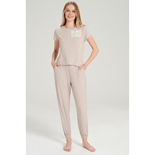 Kadın Kısa Kol Fitilli Bej Pijama Takım C1T7N0O5