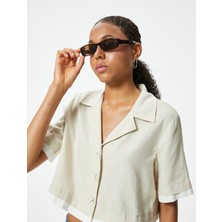 Koton Crop Gömlek Oversize Düğmeli Kısa Kollu Devrik Yaka Keten Karışımlı