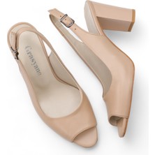 Grasyano Hakiki Deri Topuklu Sandalet Nude Pudra Pembe - 7,5 Cm Kalın Topuk Yuvarlak Burun - El İşçiliği Premium Yumuşak Deri GRS051-PM