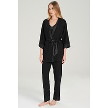 Kadın 3 Lü Dokuma Çizgili Siyah Pijama Takım C7T3N0O5