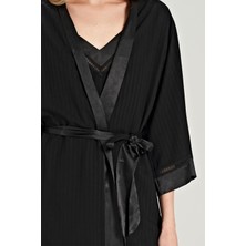 Kadın 3 Lü Dokuma Çizgili Siyah Pijama Takım C7T3N0O5