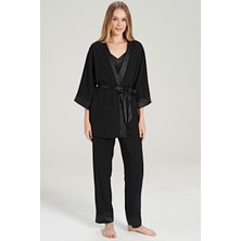 Kadın 3 Lü Dokuma Çizgili Siyah Pijama Takım C7T3N0O5