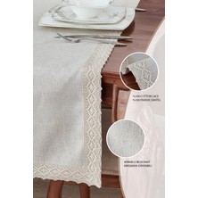Evlen Home Collection  Keten Pamuk Dantelli Runner 50X130 cm Linen Kumaş Masa Örtüsü Sehpa Leke Tutmaz Mutfak Bej