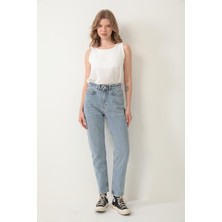 Polo State Yüksek Bel Mom Jean %100 Pamuk Denim Pantolon Mavi