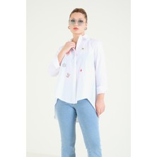 Giyim Dünyası Kadın Oversize Işlemeli Gömlek Beyaz