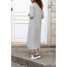 Lolli Boom Kids  Uzun Kol Bilek Boy Gömlek Yaka Boy Çizgili Göğüs Geniş Cep Detaylı Elbise