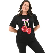 Koza Kadın Büyük Beden Kiraz Baskılı T-Shirt 1785-24