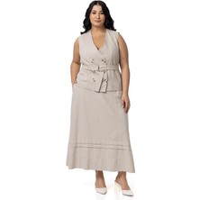 Disentis Modest Büyük Beden Keten Kruvaze Yelek Etek Bej Rengi Ikili Takım