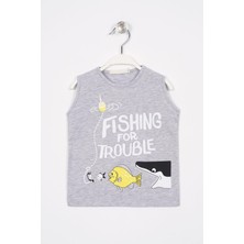 Zepkids Fıshıng For Trouble Yazı Baskıl Gri Melanj Renk Erkek Cocuk Tshırt