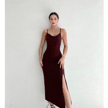 LB Laluna Butik Kadın Ince Askılı Yandan Yırtmaçlı Uzun Elbise Dökümlü Kumaş