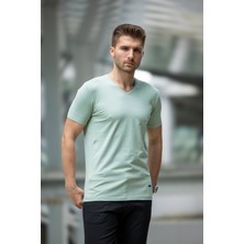 Decas Erkek Slim Fit V Yaka Pamuklu Tişört - Su Yeşili