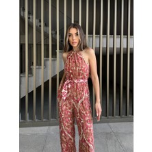 Seda Fidan Butik Boyundan Bağlamalı Etnik Desen Viskon Tulum Pembe