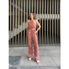 Seda Fidan Butik Boyundan Bağlamalı Etnik Desen Viskon Tulum Pembe