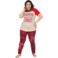 Quilling Kırmızı Renk ve Leopar Desenli Lady 10835 Kadın Kısa Kol Büyük Beden Pijama Takımı