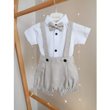 Concept Kids Papyonlu 3'lü Şortlu Bej Erkek Bebek Salopet Takım Özel Gün Kıyafeti Düğün Bebek Hediyesi