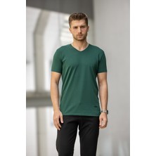 Decas Erkek Slim Fit V Yaka Pamuklu T-Shirt - Yeşil