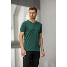 Decas Erkek Slim Fit V Yaka Pamuklu T-Shirt - Yeşil