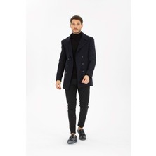 Vito Andolini Lacivert Desenli Kaşmir Slim Fit Kruvaze Erkek Kısa Palto