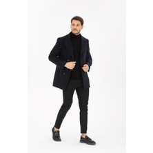 Vito Andolini Lacivert Desenli Kaşmir Slim Fit Kruvaze Erkek Kısa Palto