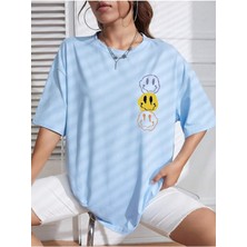 Woodroffe Kadın Gülen Yüz Baskılı Bisiklet Yaka Salaş Oversize Boyfriend Bebe Mavi T-Shirt