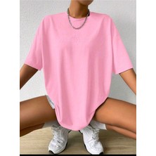 Woodroffe Kadın Palm Spring Baskılı Bisiklet Yaka Salaş Oversize Boyfriend Pembe T-Shirt