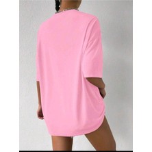 Woodroffe Kadın Palm Spring Baskılı Bisiklet Yaka Salaş Oversize Boyfriend Pembe T-Shirt