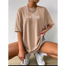 Woodroffe Kadın Palm Spring Baskılı Bisiklet Yaka Salaş Oversize Boyfriend Bej T-Shirt