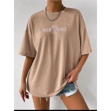 Woodroffe Kadın Palm Spring Baskılı Bisiklet Yaka Salaş Oversize Boyfriend Bej T-Shirt