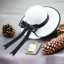 Shopiolog Uzun Şeritli Papyon Desenli  Örgü Hasır Şapka