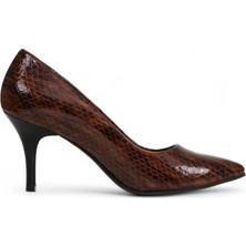 Grasyano Hakiki Deri Stiletto Topuklu  Ayakkabı Taba Yılan Desenli - 7,5 Cm İnce Topuk Sivri Burun - El İşçiliği Premium Yumuşak Deri GRS043-TB