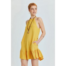 Clandestino Halter Yaka Eteği Fırfırlı Mini Elbise Sarı