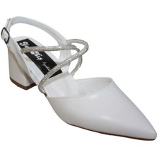 Yaz Kış Ayakkabı Kadın Siyah Beyaz Cilt Üzeri Taşlı Çapraz Bantlı Arkası Açık 5Cm Kalın Topuk Ayakkabı