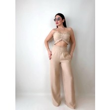 Trend Esinty Kadın Keten Kumaş Gipeli Crop ve Pantolon Ikili Takım (Renkli)