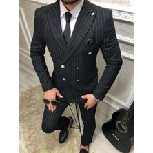 Tomiross Erkek Siyah Çizgili Italyan Kesim Slim Fit Takım Elbise TKMELBS-8682